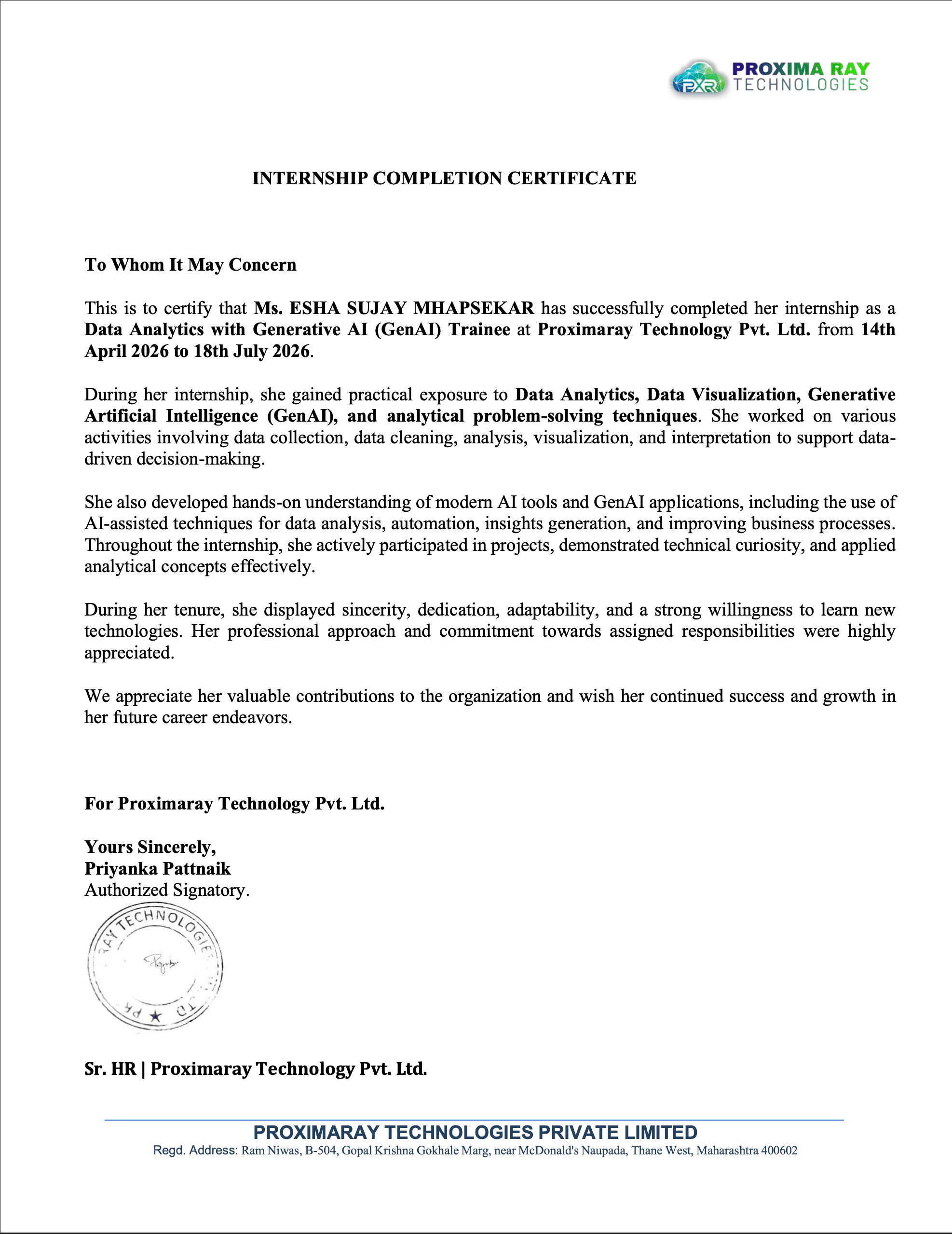 Data Analytics with GenAI internship completion certificate